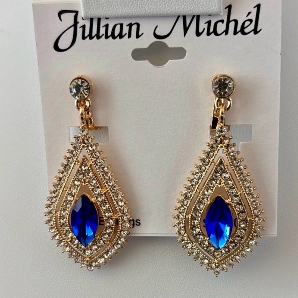 Jillian Michel Clip On,Goldtone,chandelier teardrop, navy stone,clear rhinestone